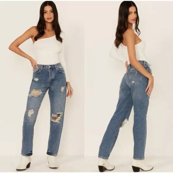 Free People We the Free Bren Boyfriend Jean Distressed High Rise Button Fly 24 - Picture 2 of 10